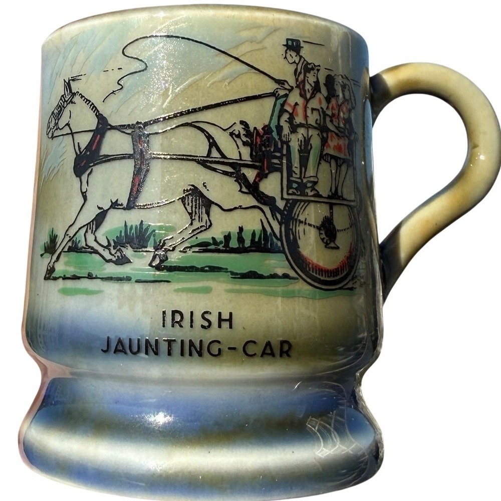 Irish Porcelain Mug Blue Green Porcelain Irish Jaunting Car Souvenir Shot Glass